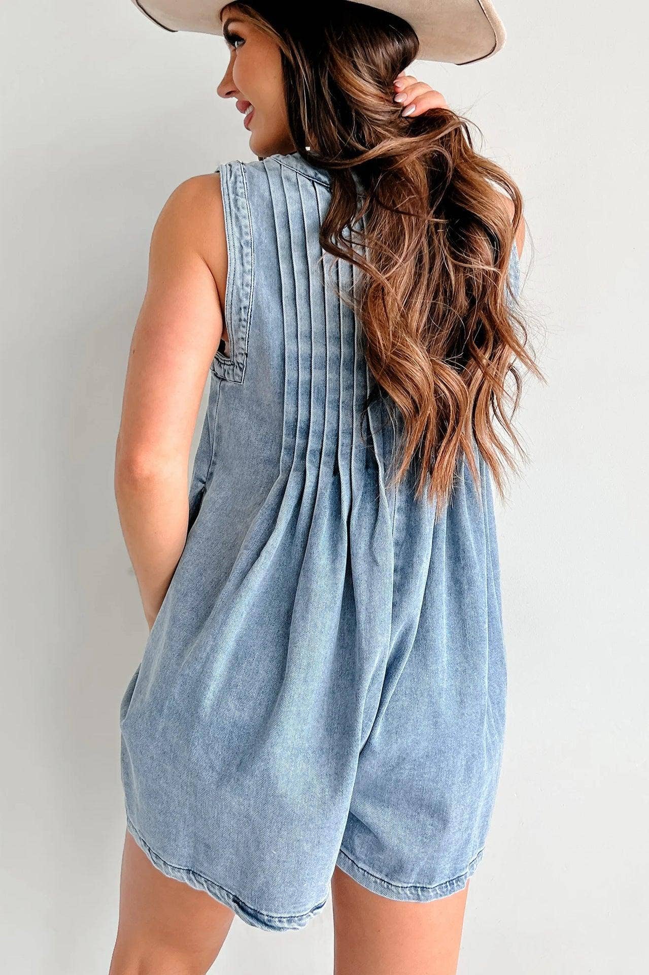 Ladies Tie Front V Neck Sleeveless Denim Jumpsuit | R005