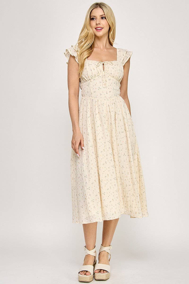 Flutter Sleeve Smocked Midi Dress | V020