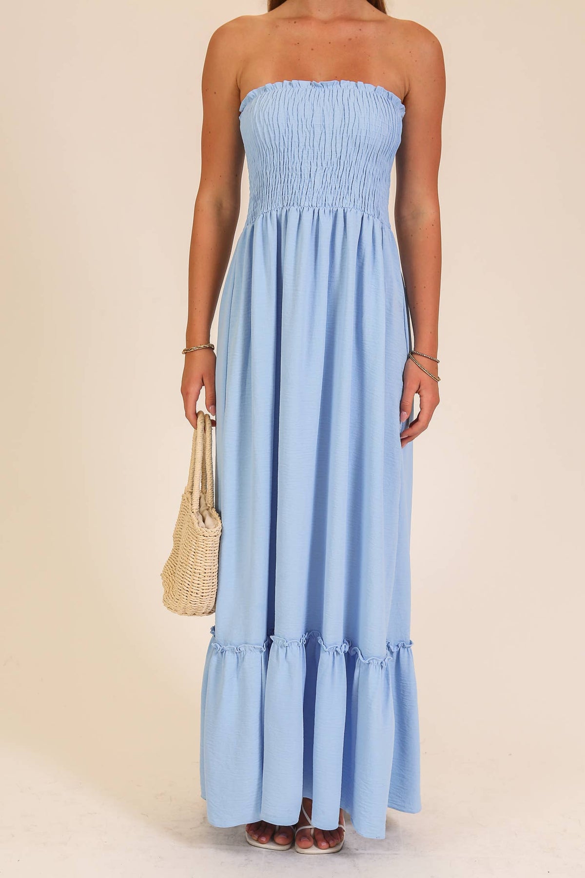 Strapless boho smocked top airflow maxi dress | V024