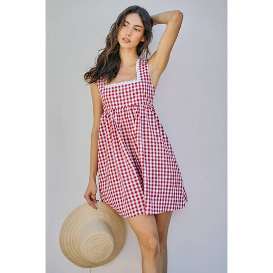GINGHAM CHECKER WOVEN SQUARE NECK LACE TRIM DRESS | V025