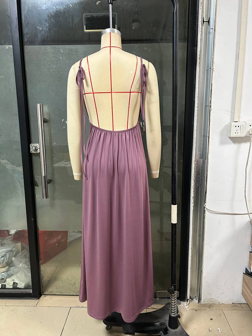 Drawstring Spaghetti Strap Maxi Dress | V034