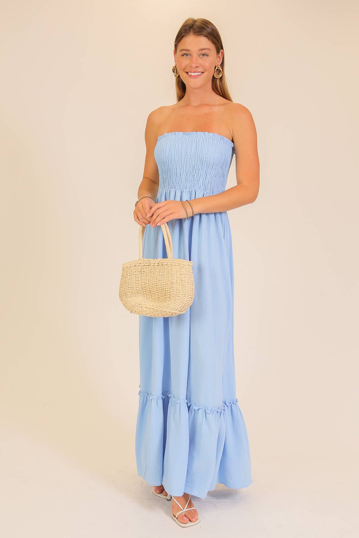 Strapless boho smocked top airflow maxi dress | V024