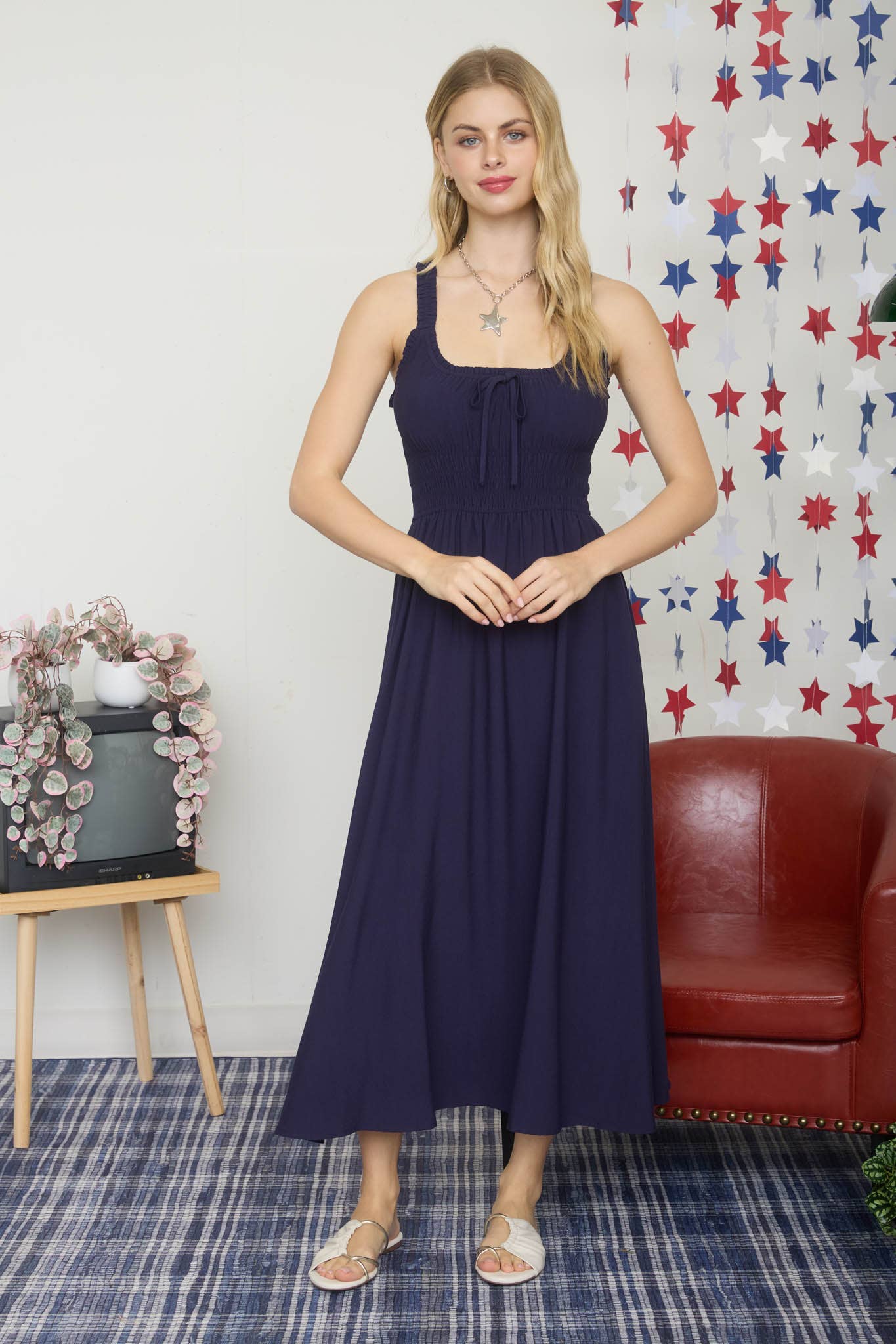SPAGHETTI STRAP FRONT TIE SHIRRED WAIST MIDI DRESS | V018