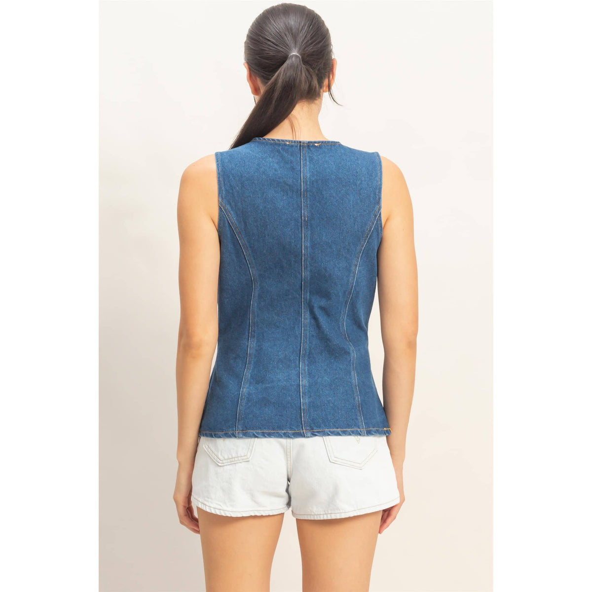 Button-Front Sleeveless Denim Vest | B038