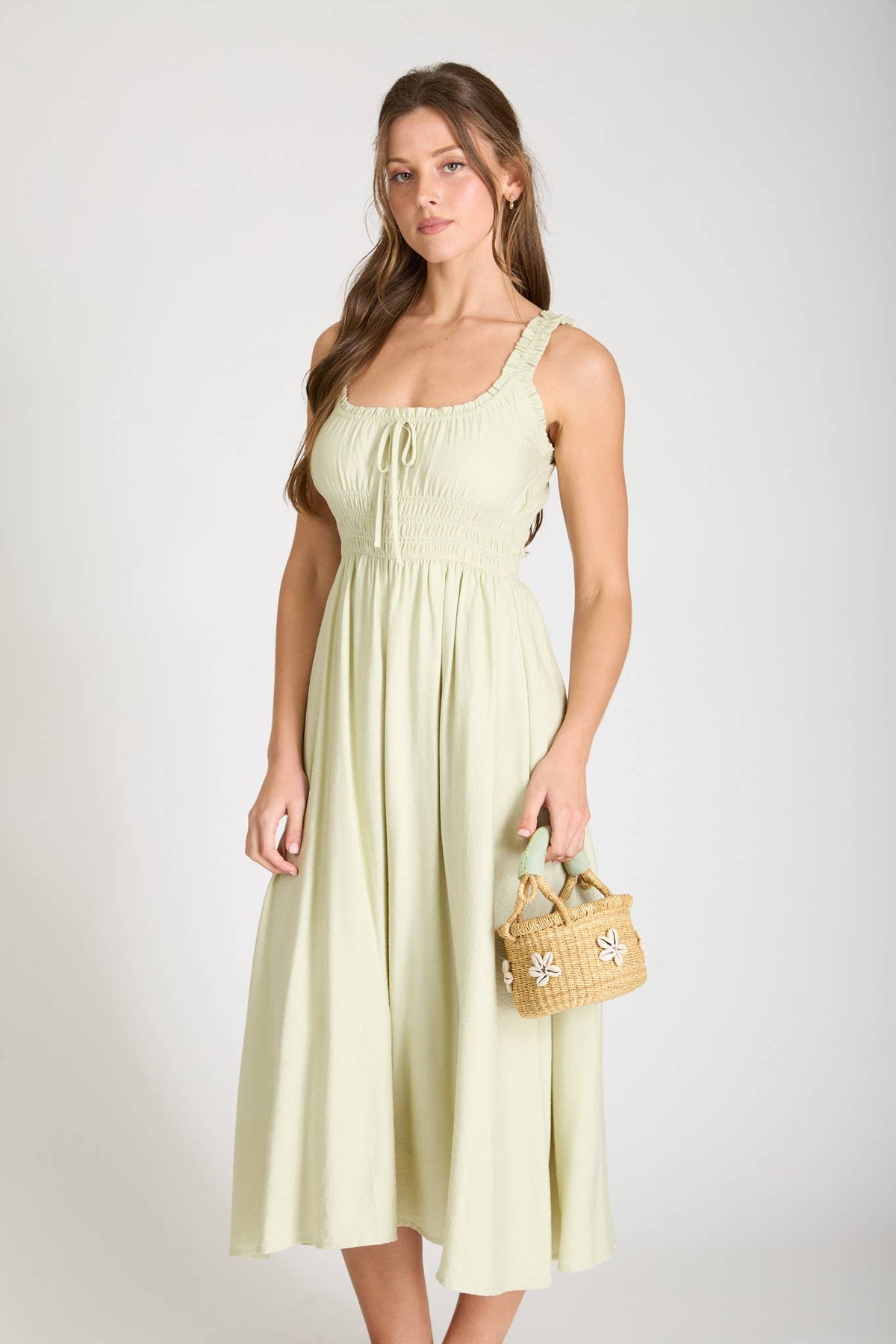 SPAGHETTI STRAP FRONT TIE SHIRRED WAIST MIDI DRESS | V018