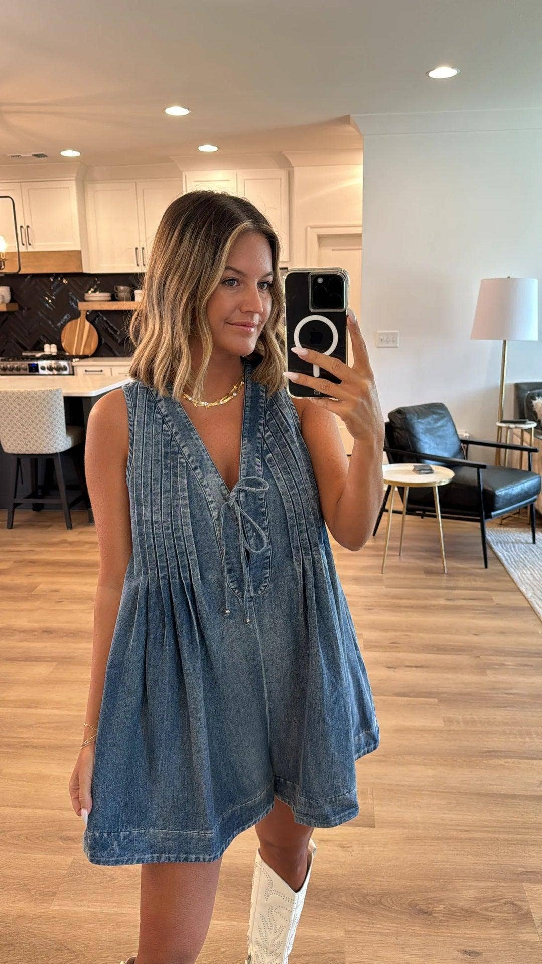 Ladies Tie Front V Neck Sleeveless Denim Jumpsuit | R005
