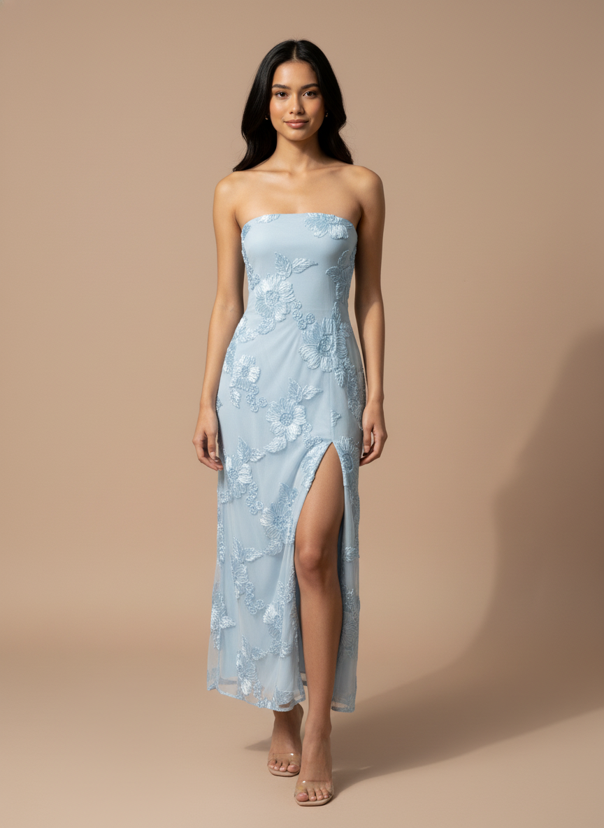 STRAPLESS MESH TEXTURED LEG SLIT MIDI DRESS | V031