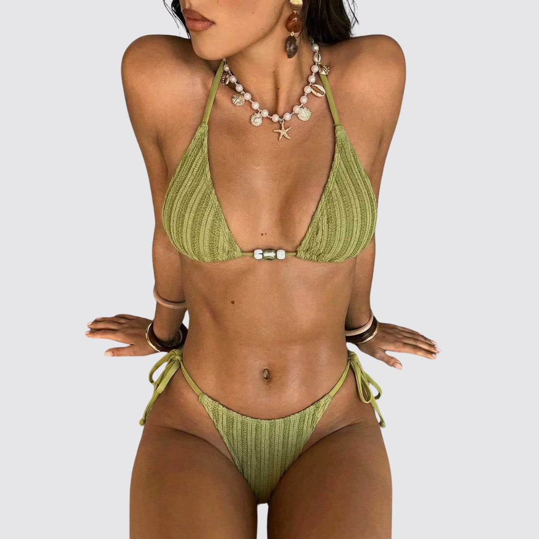 Women's Textured Beaded Side Tie Solid High Cut Brief Bikini | BK005