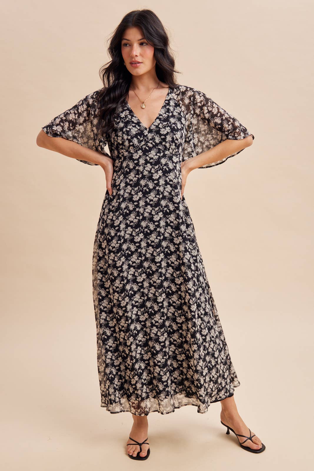 FLUTTER SLEEVE FLORAL MAXI DRESS