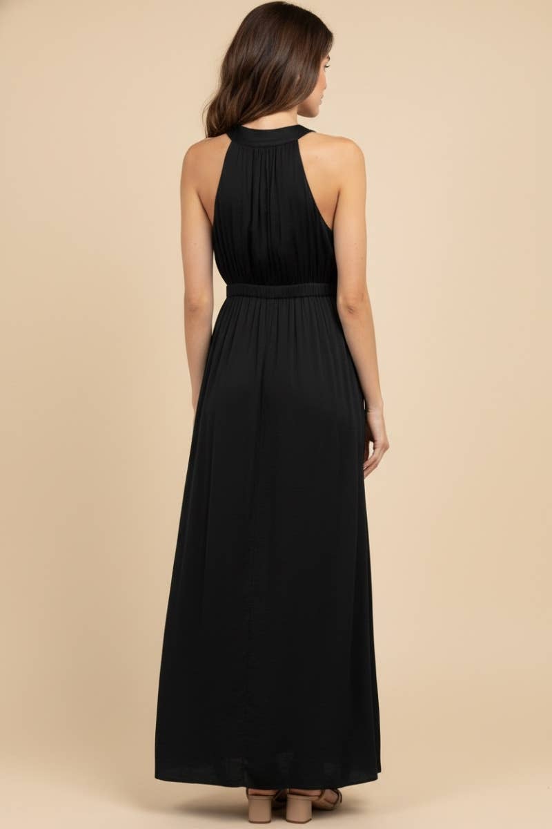 Flare Neck Maxi Dress With Front Neck Pleating Detail | V022