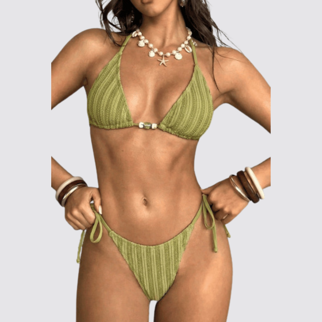 Women's Textured Beaded Side Tie Solid High Cut Brief Bikini | BK005