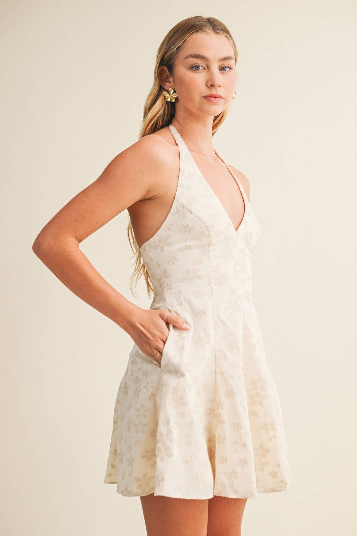 Embossed Floral Halter A-Line Dre | V010