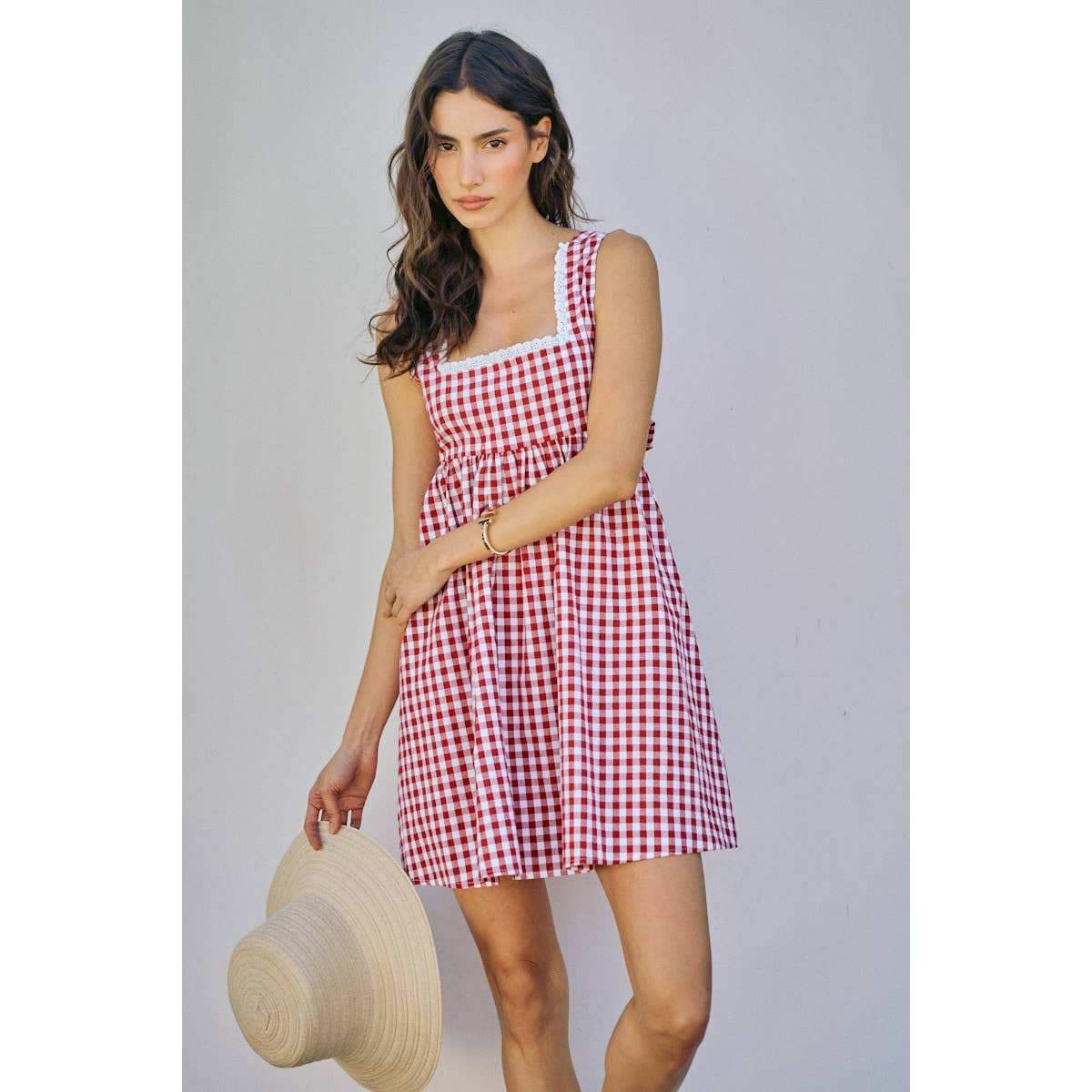 GINGHAM CHECKER WOVEN SQUARE NECK LACE TRIM DRESS | V025