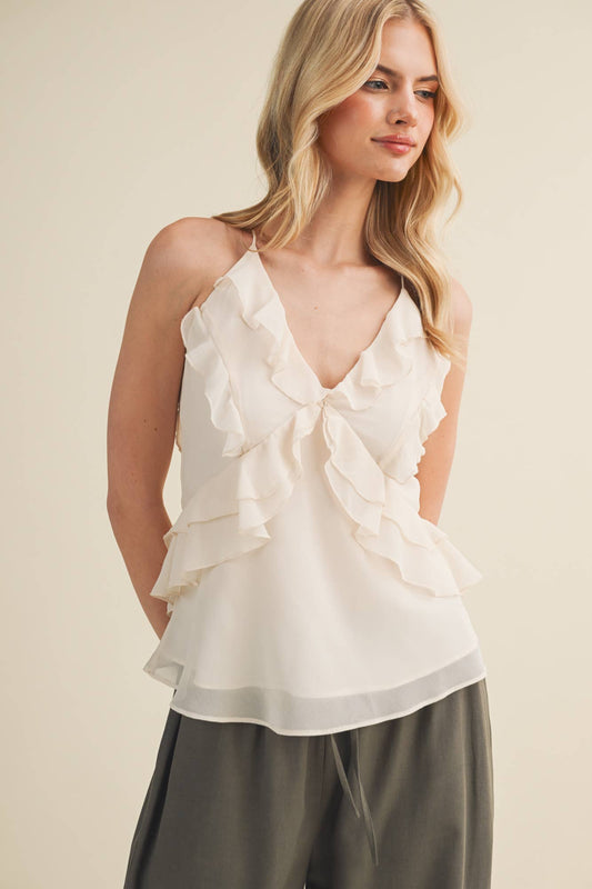 Cascading Ruffle Lattice Tie Top | B025