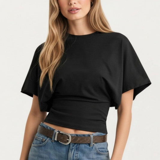 Short Sleeve Cropped Top with Wide Waistband and Relaxed Blouson Fit | B032