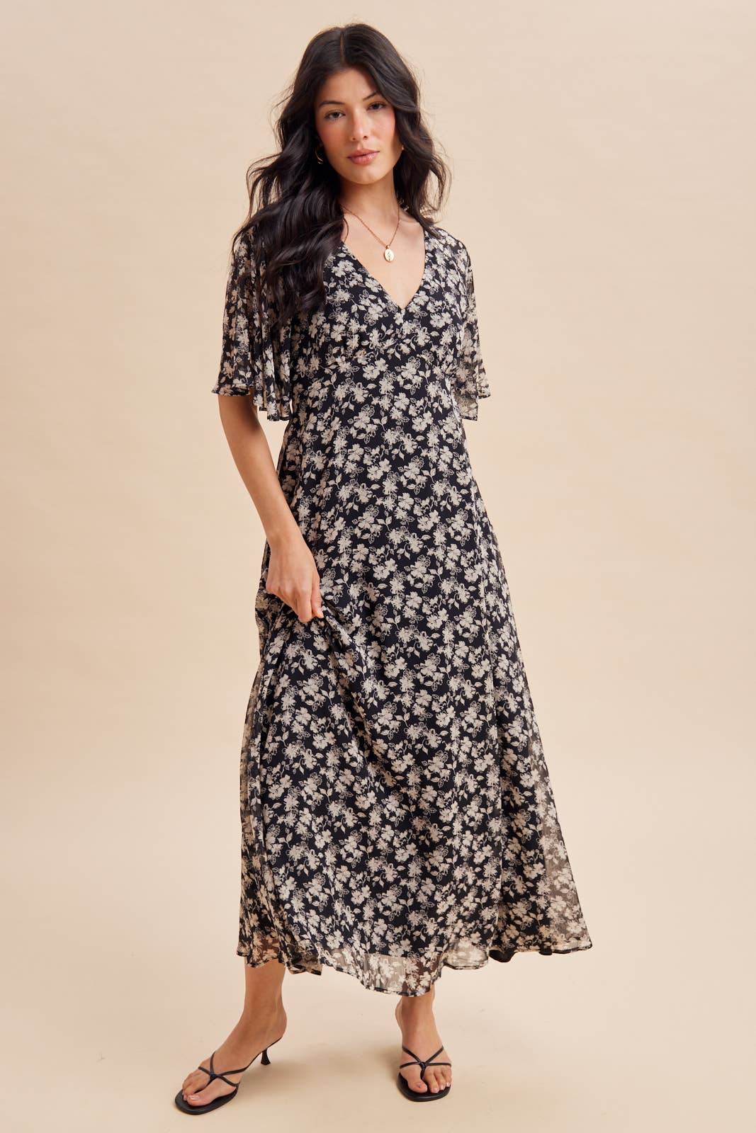 FLUTTER SLEEVE FLORAL MAXI DRESS