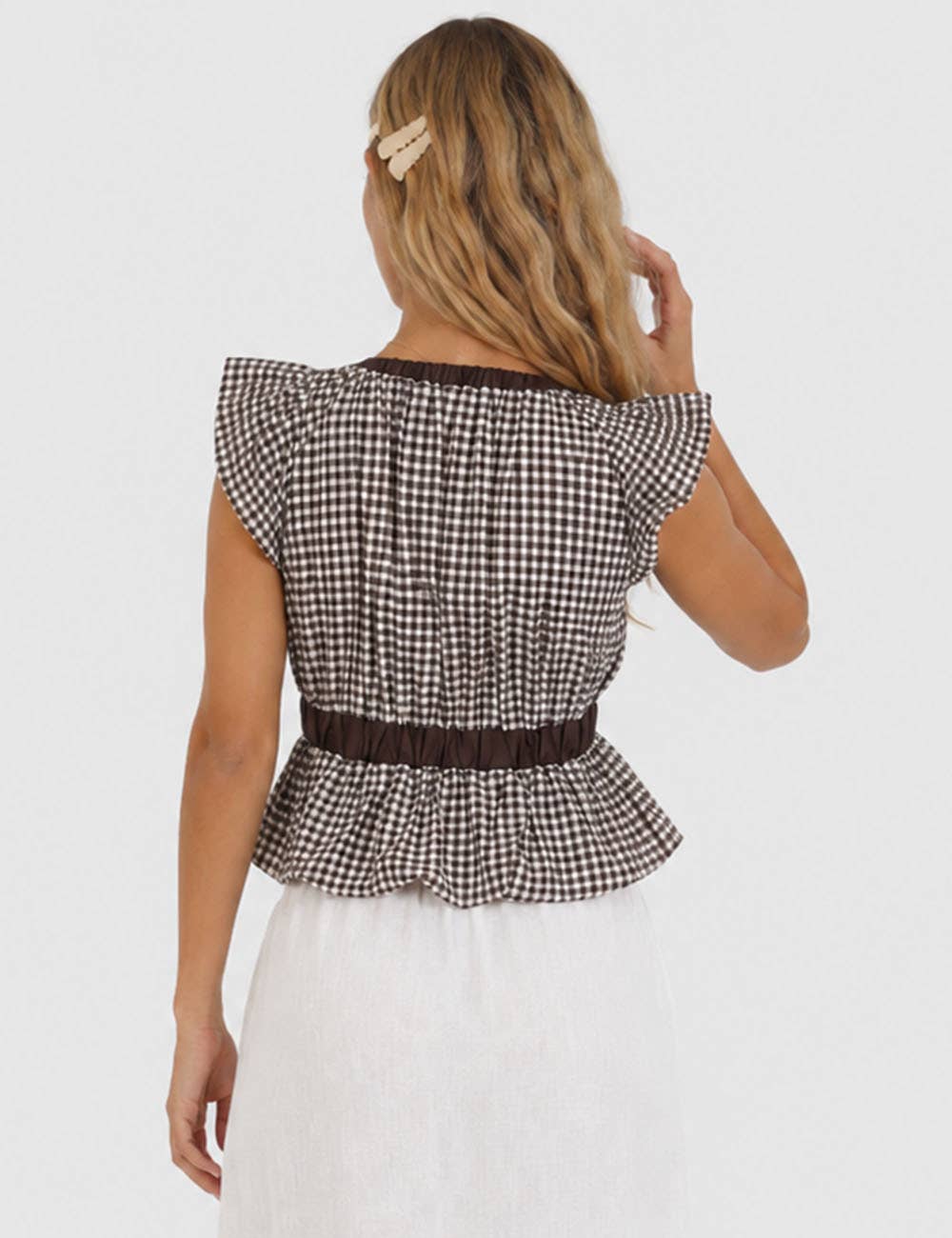 Ladies Plaid Ruffle Sleeveless Bow Tie Peplum Top | B057