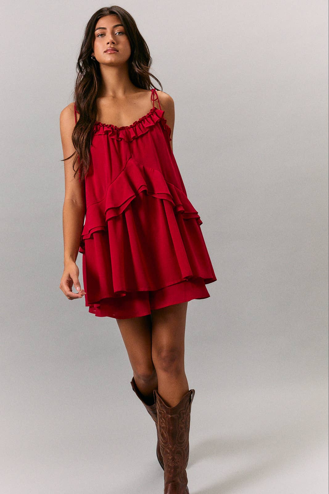 RUFFLE DETAIL SHOULDER TIE FLARE ROMPER | R004