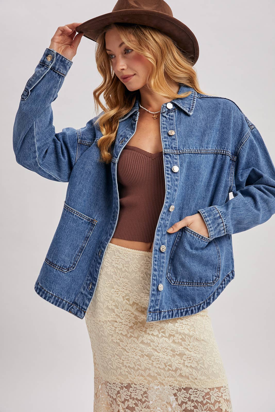 DENIM BUTTON DOWN SHACKET WITH POCKETS | CH001
