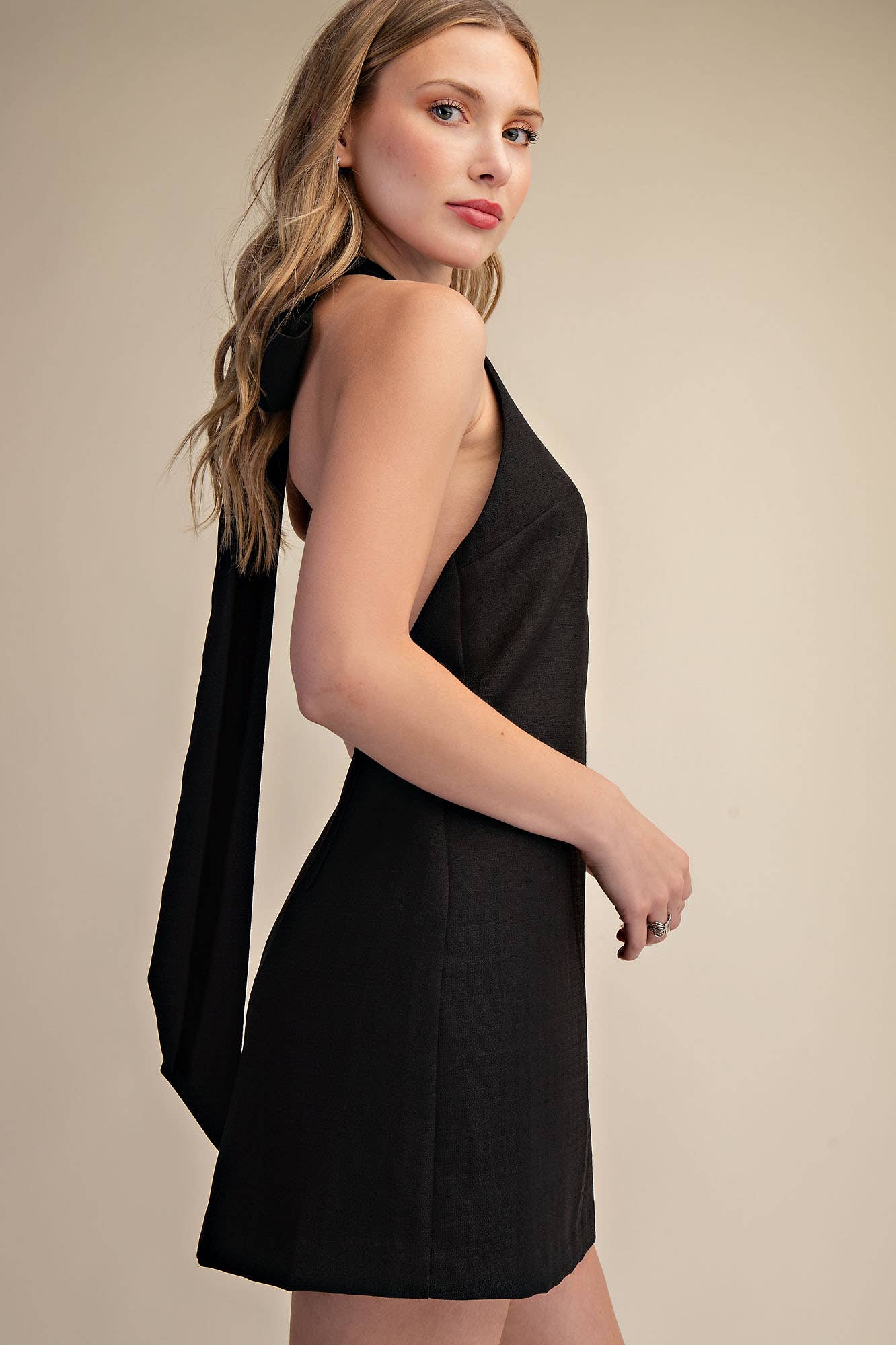 Halter Neck Open Back Bow Mini Dress | V028