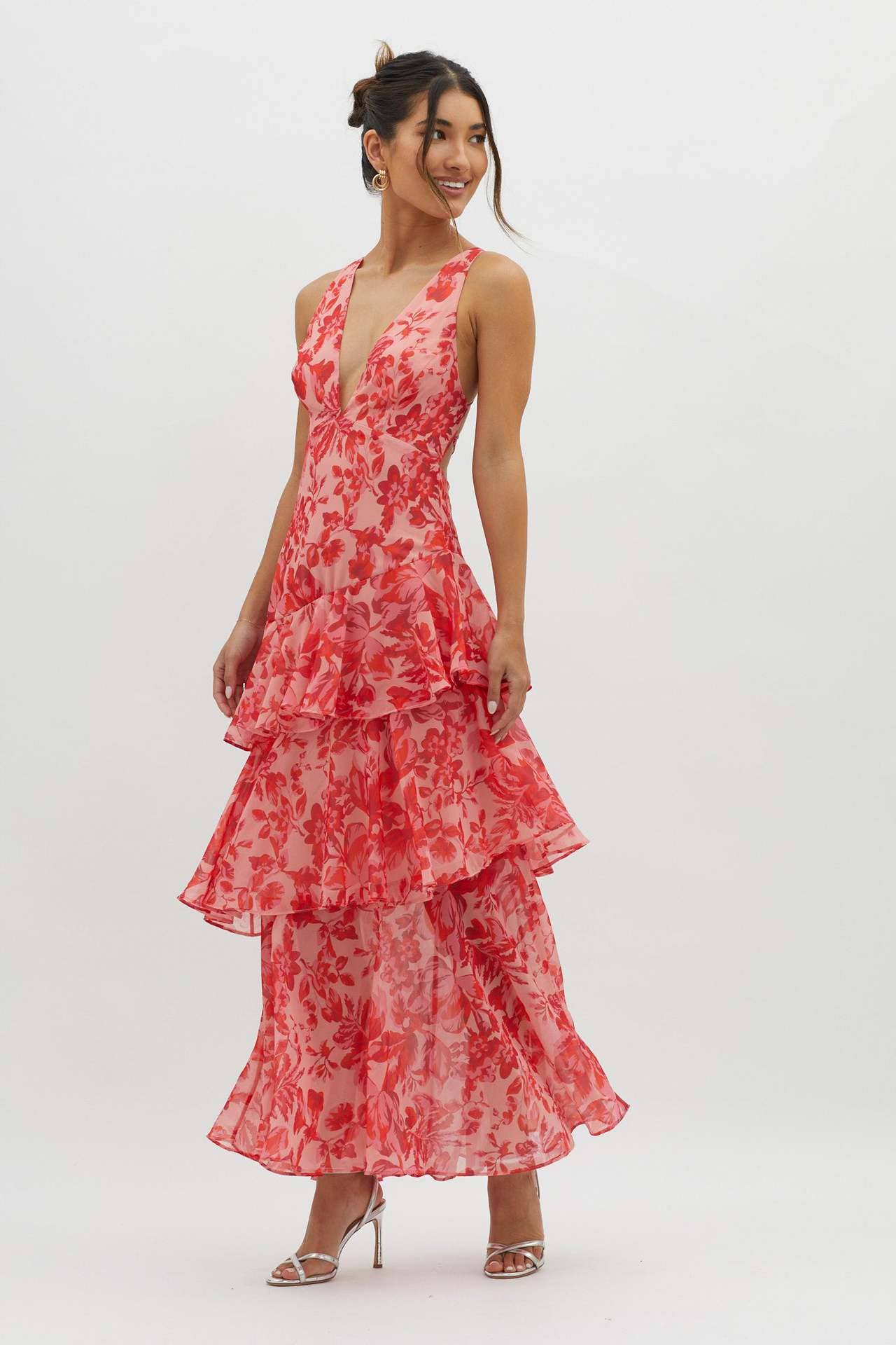 V-Neck Print Backless Flounce Sexy Dress | V029