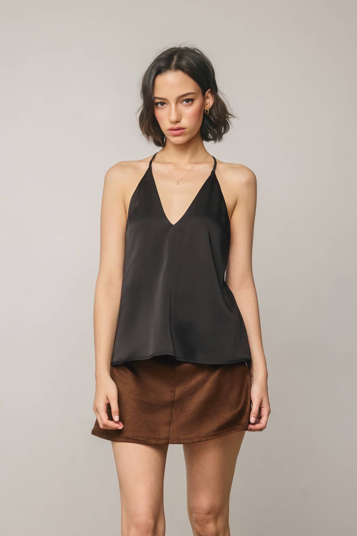 Satin Deep V Flared Top | B041