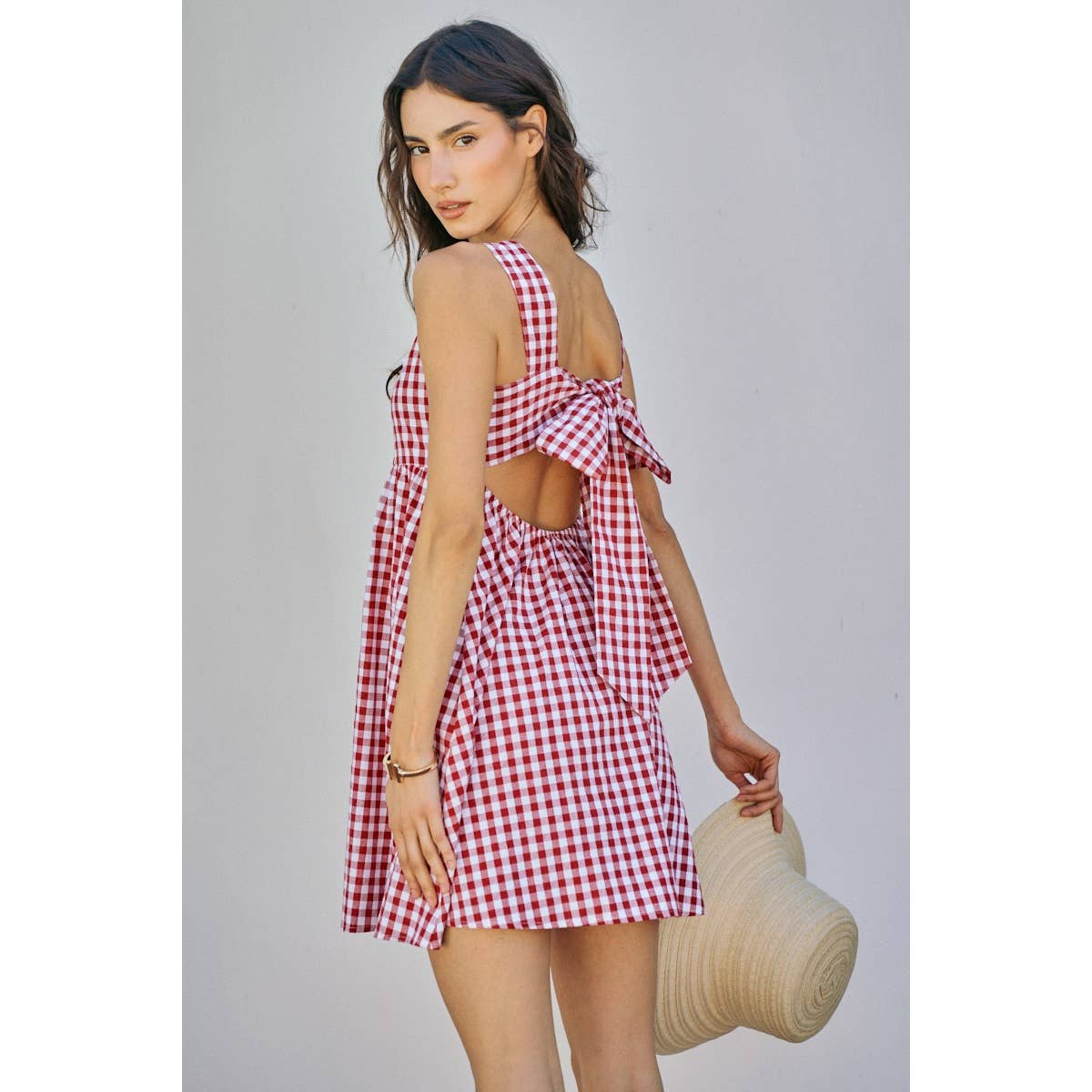 GINGHAM CHECKER WOVEN SQUARE NECK LACE TRIM DRESS | V025