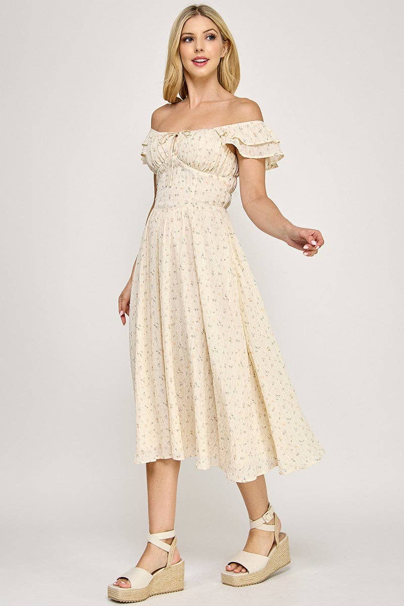 Flutter Sleeve Smocked Midi Dress | V020