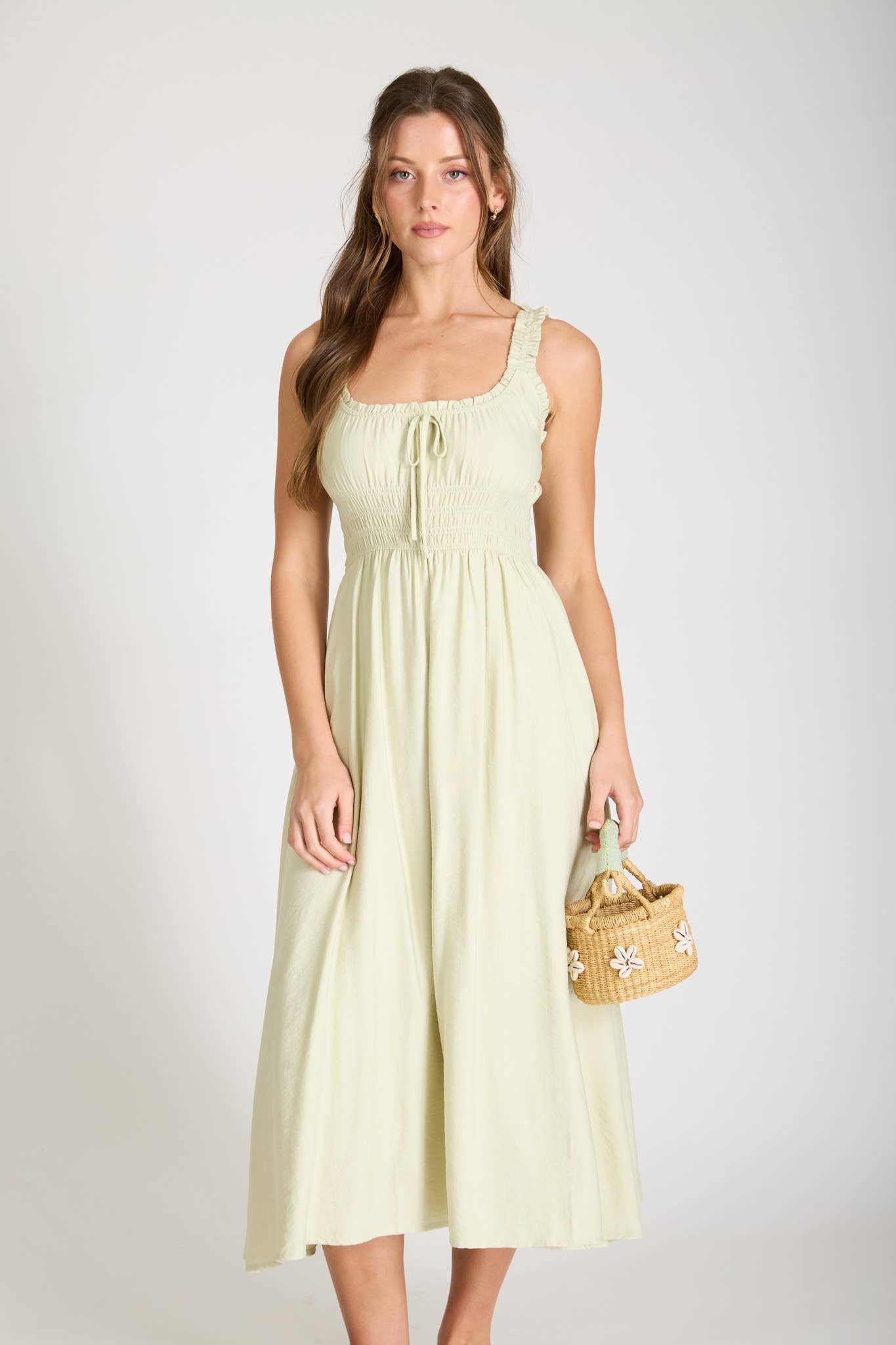 SPAGHETTI STRAP FRONT TIE SHIRRED WAIST MIDI DRESS | V018