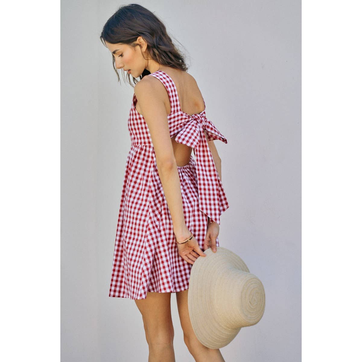 GINGHAM CHECKER WOVEN SQUARE NECK LACE TRIM DRESS | V025