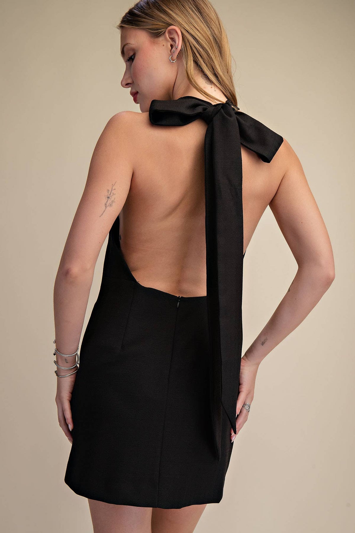 Halter Neck Open Back Bow Mini Dress | V028