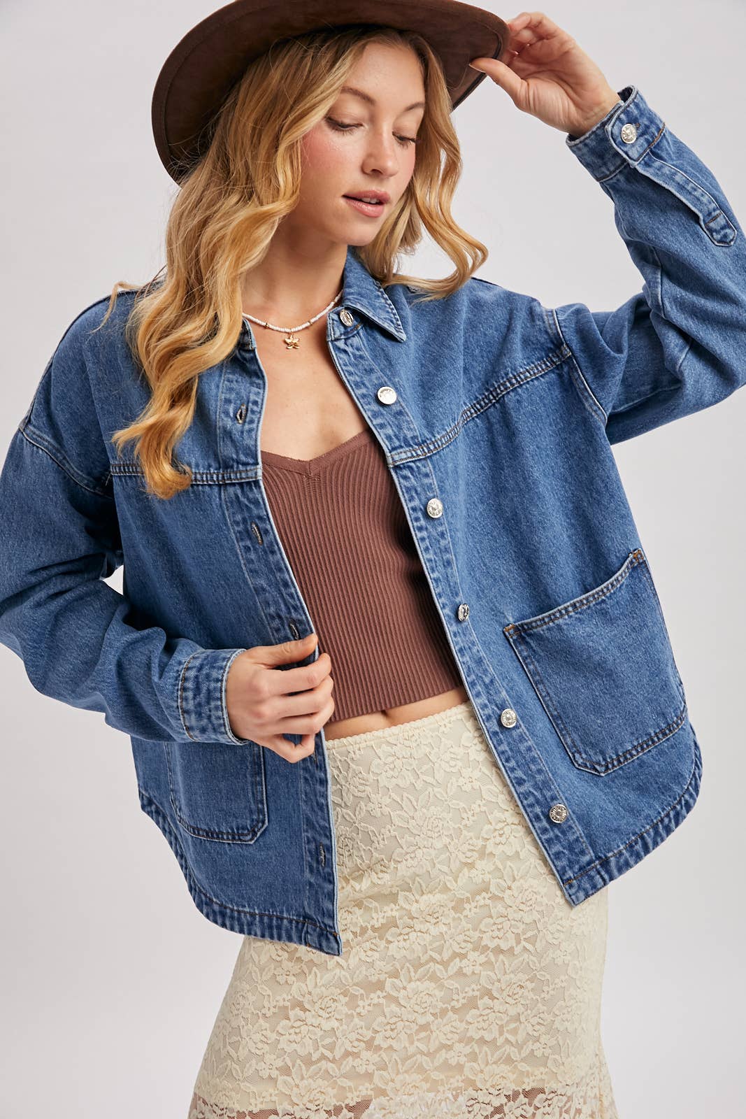 DENIM BUTTON DOWN SHACKET WITH POCKETS | CH001