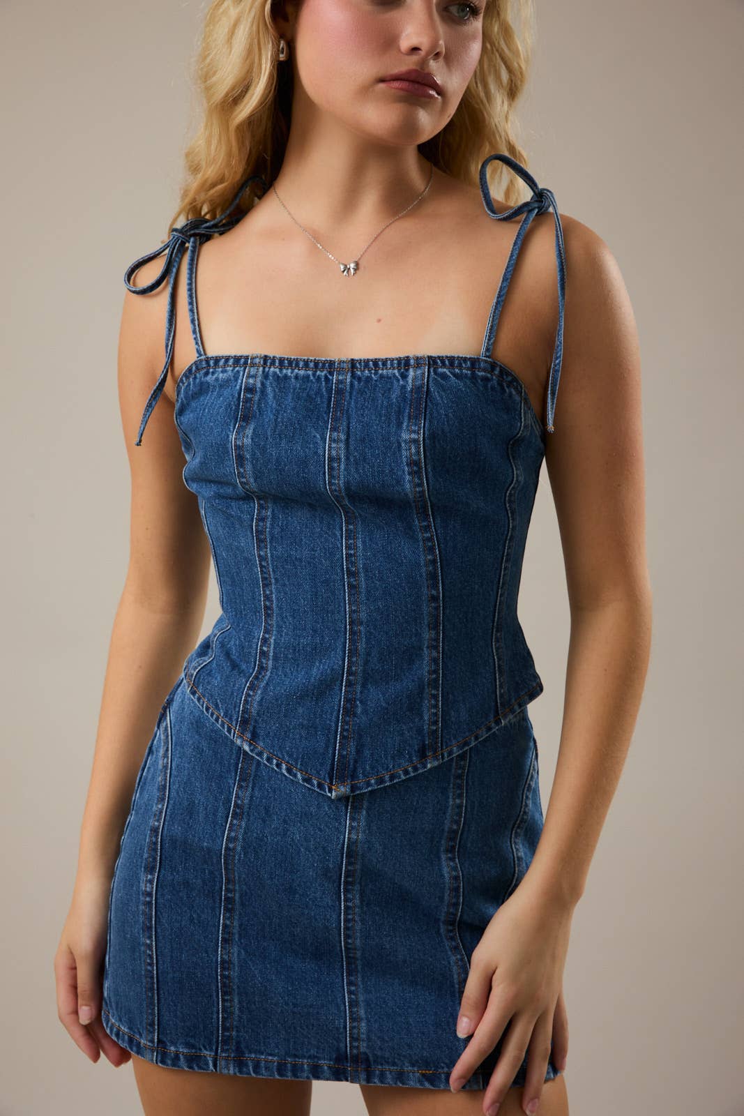 SHOULDER TIE CORSET DENIM TOP | B035
