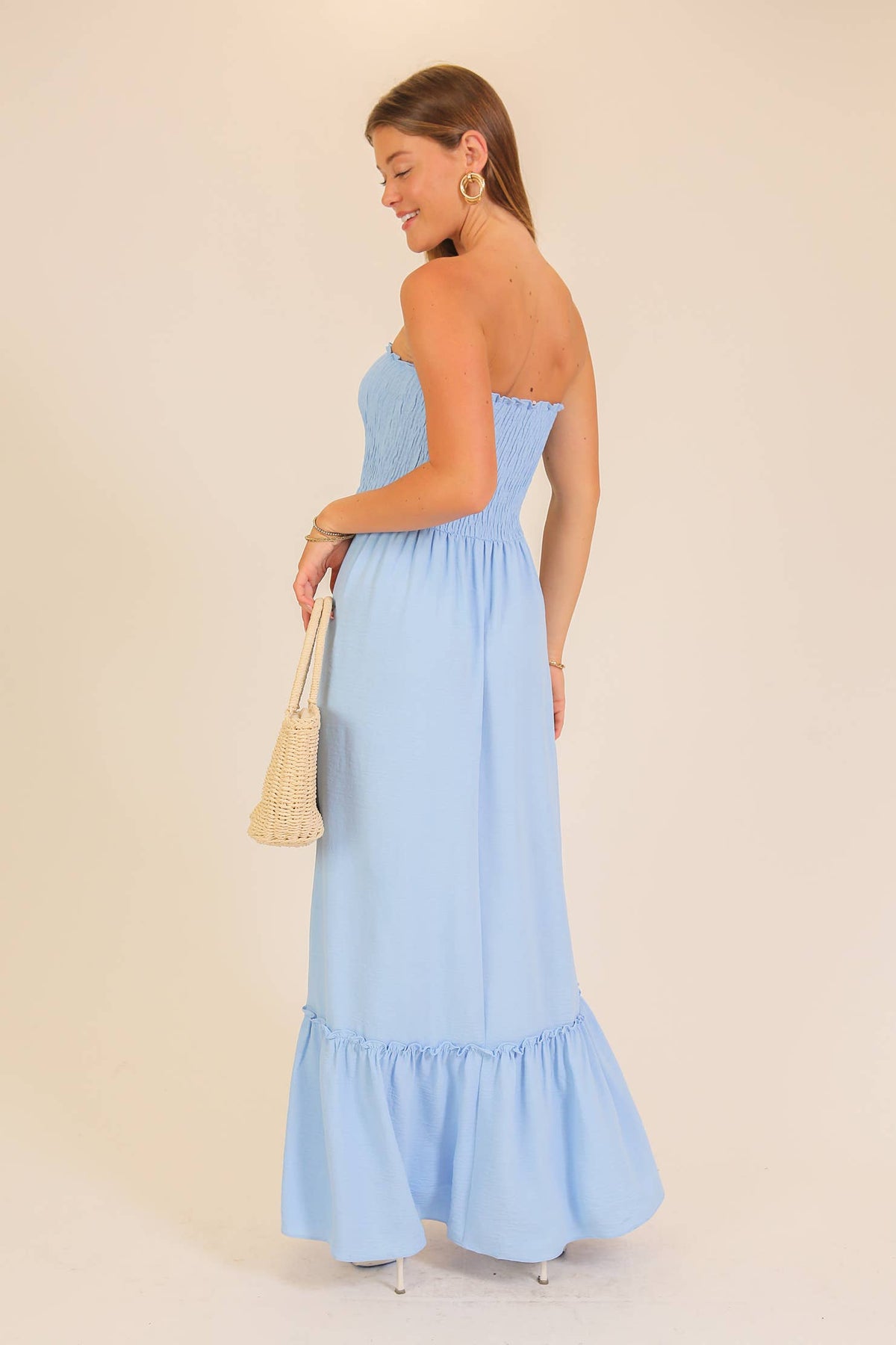 Strapless boho smocked top airflow maxi dress | V024