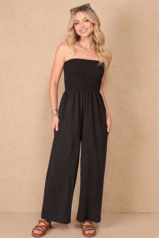 Smocked Strapless Jumpsuit | R003