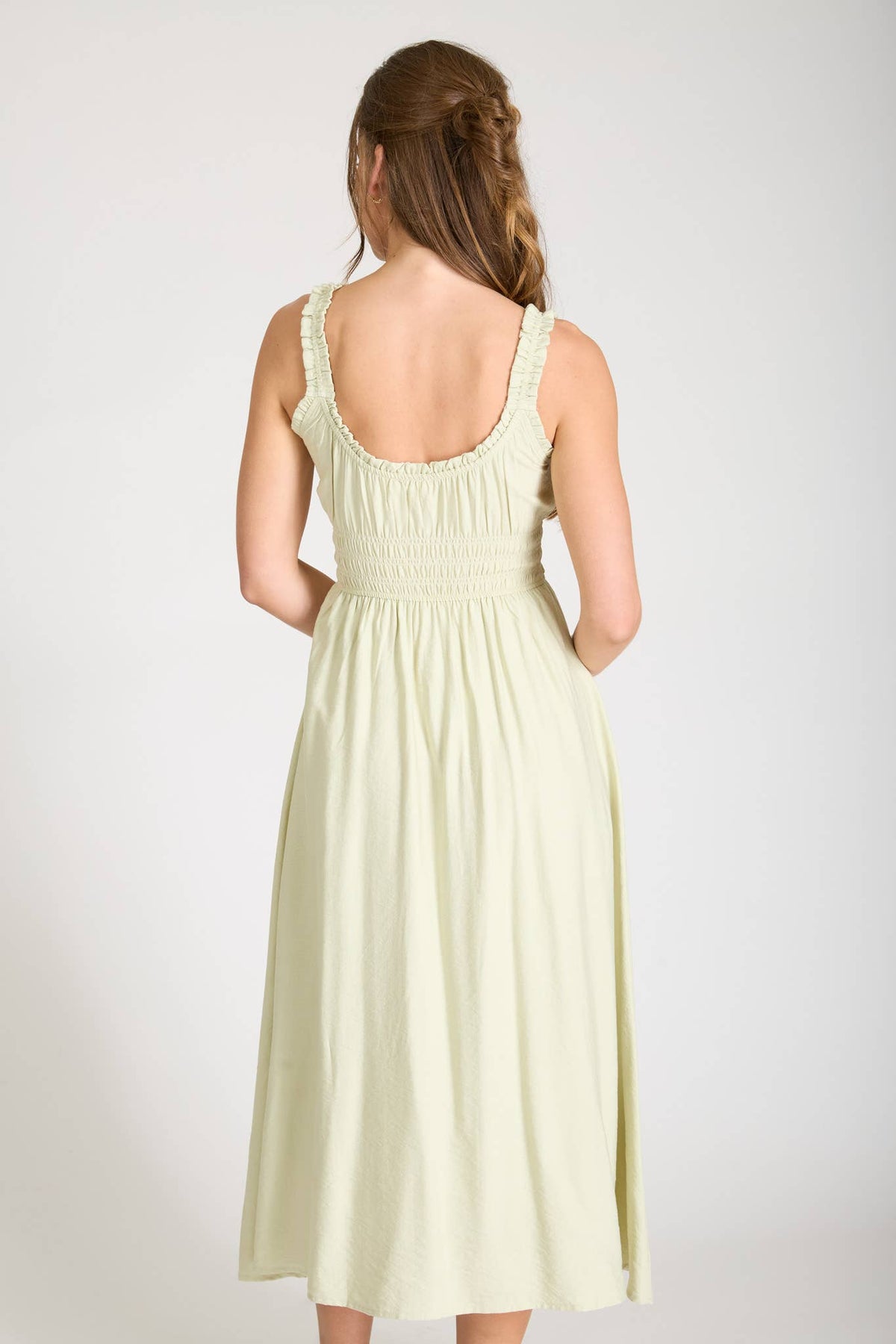 SPAGHETTI STRAP FRONT TIE SHIRRED WAIST MIDI DRESS | V018