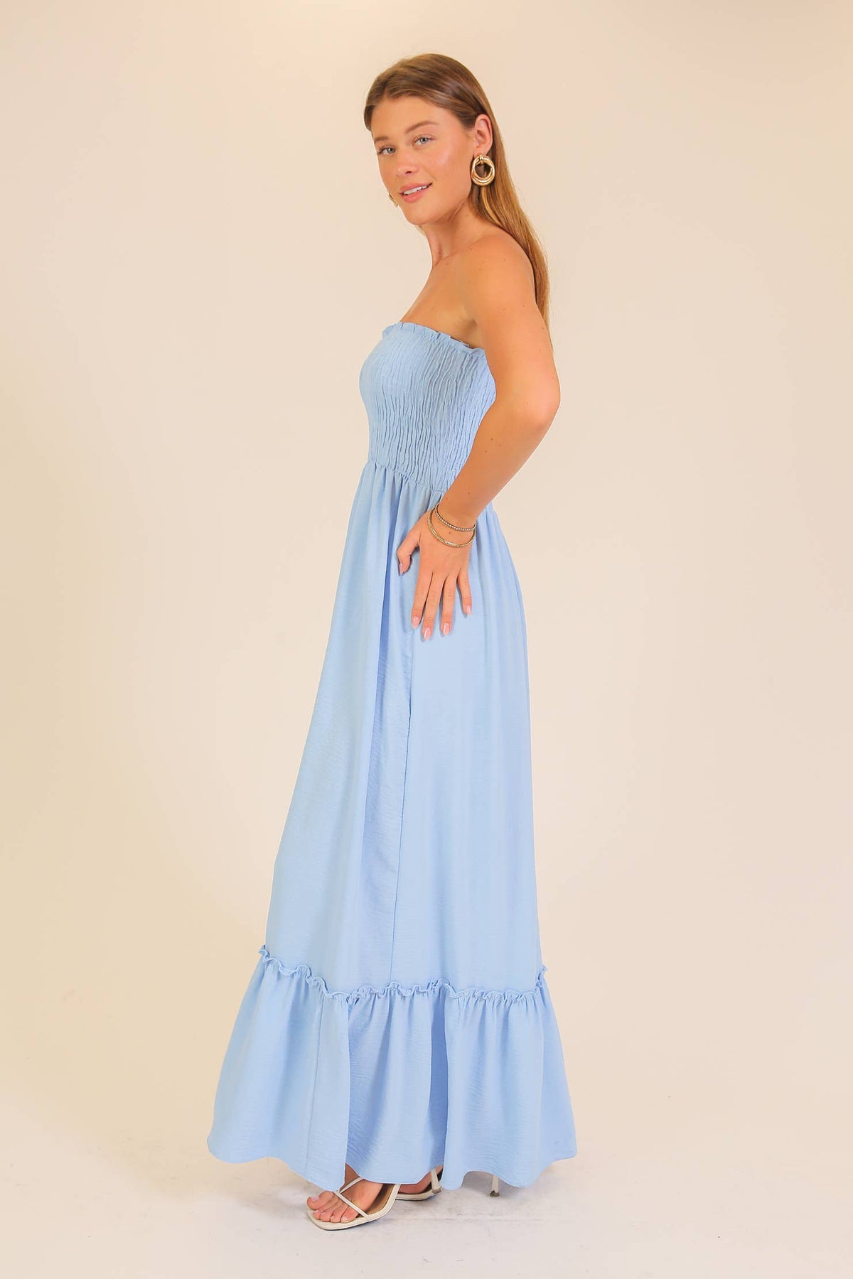 Strapless boho smocked top airflow maxi dress | V024