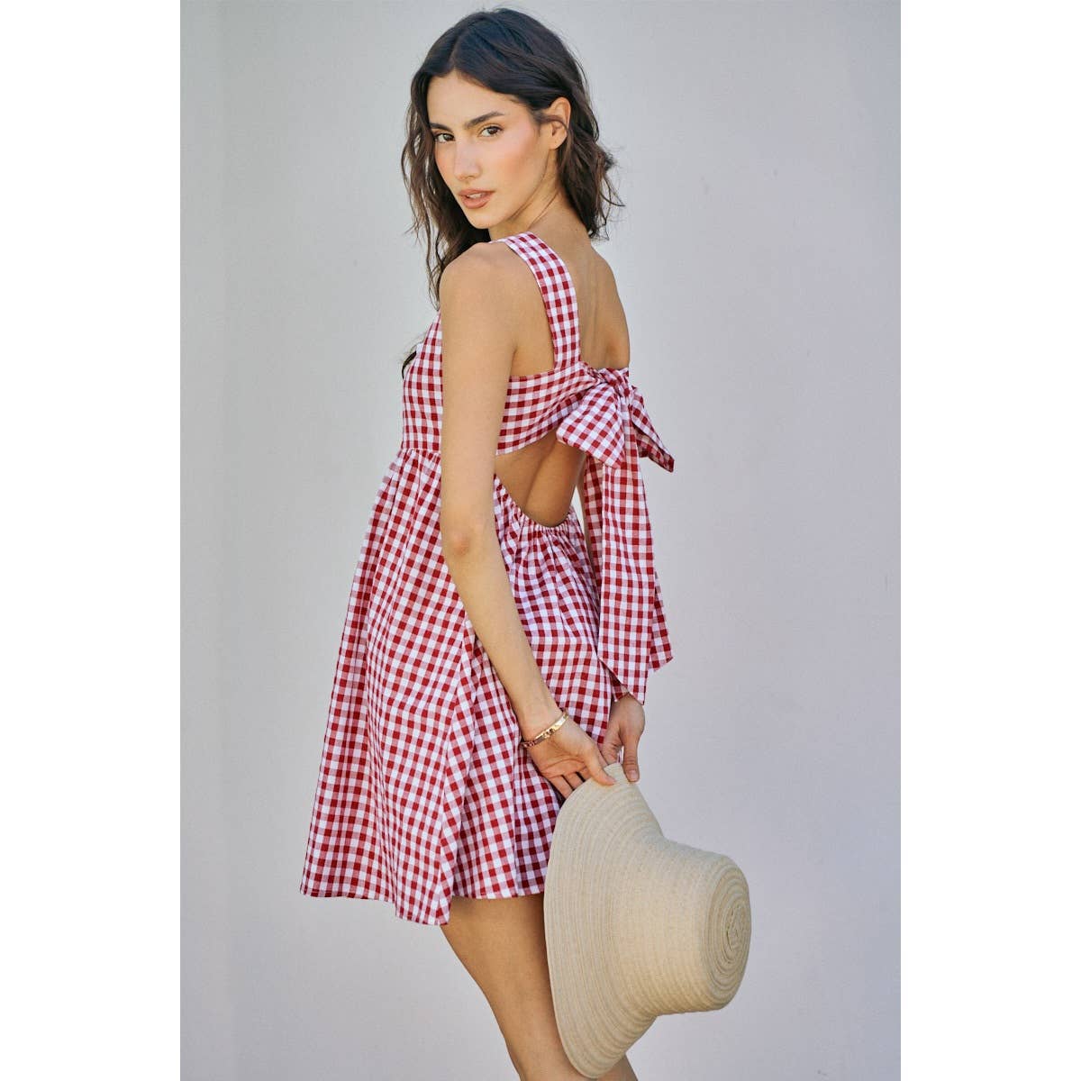 GINGHAM CHECKER WOVEN SQUARE NECK LACE TRIM DRESS | V025