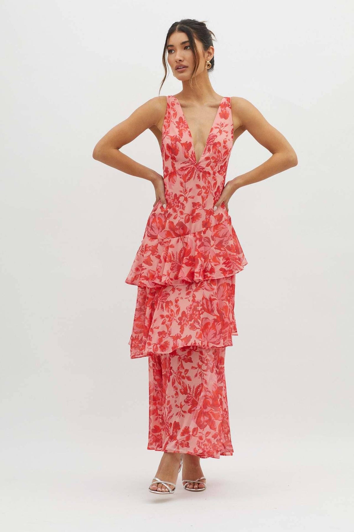 V-Neck Print Backless Flounce Sexy Dress | V029