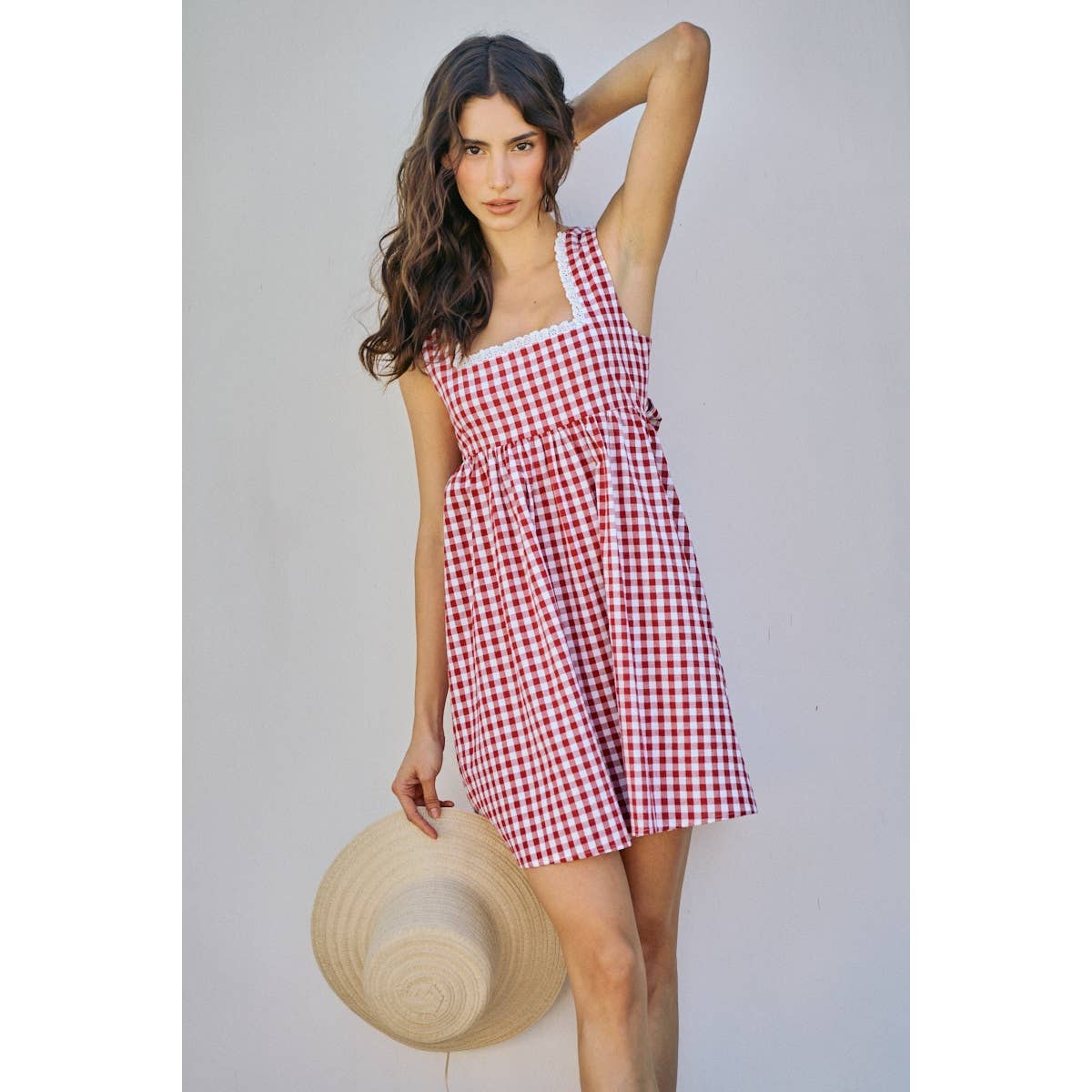 GINGHAM CHECKER WOVEN SQUARE NECK LACE TRIM DRESS | V025