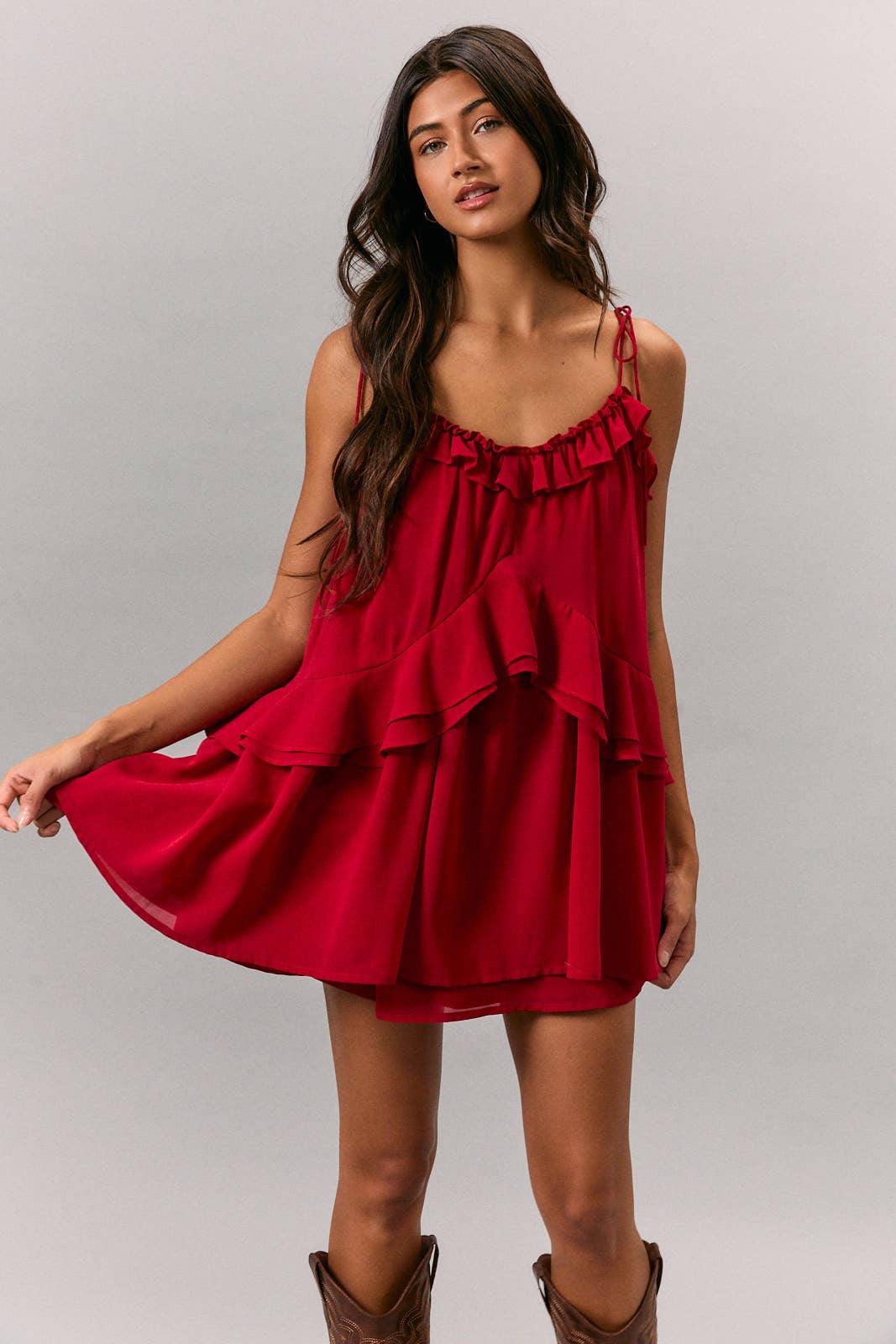 RUFFLE DETAIL SHOULDER TIE FLARE ROMPER | R004